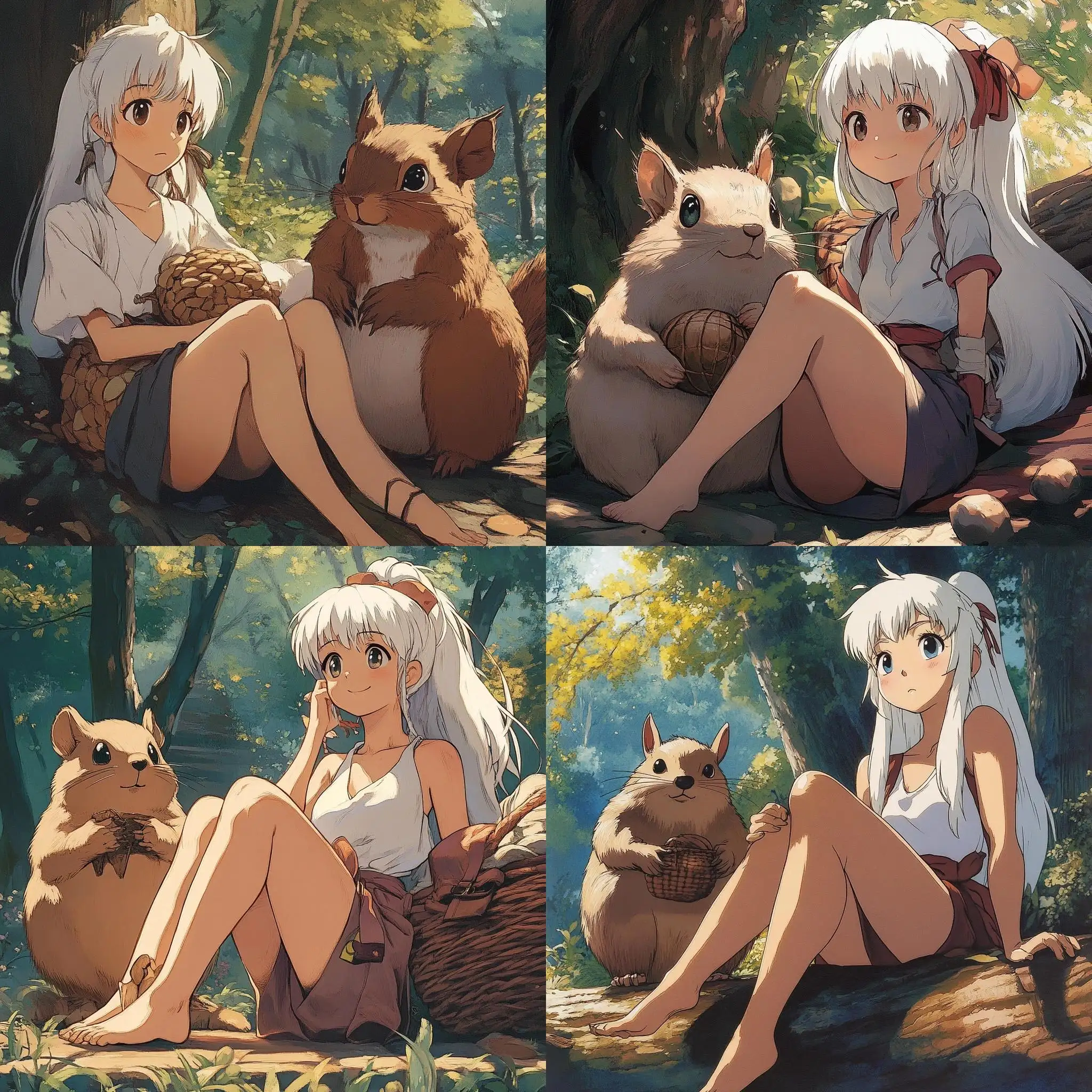 Female-Anime-Character-with-White-Hair-Relaxing-with-a-Giant-Squirrel-in-1990s-Ghibli-Style