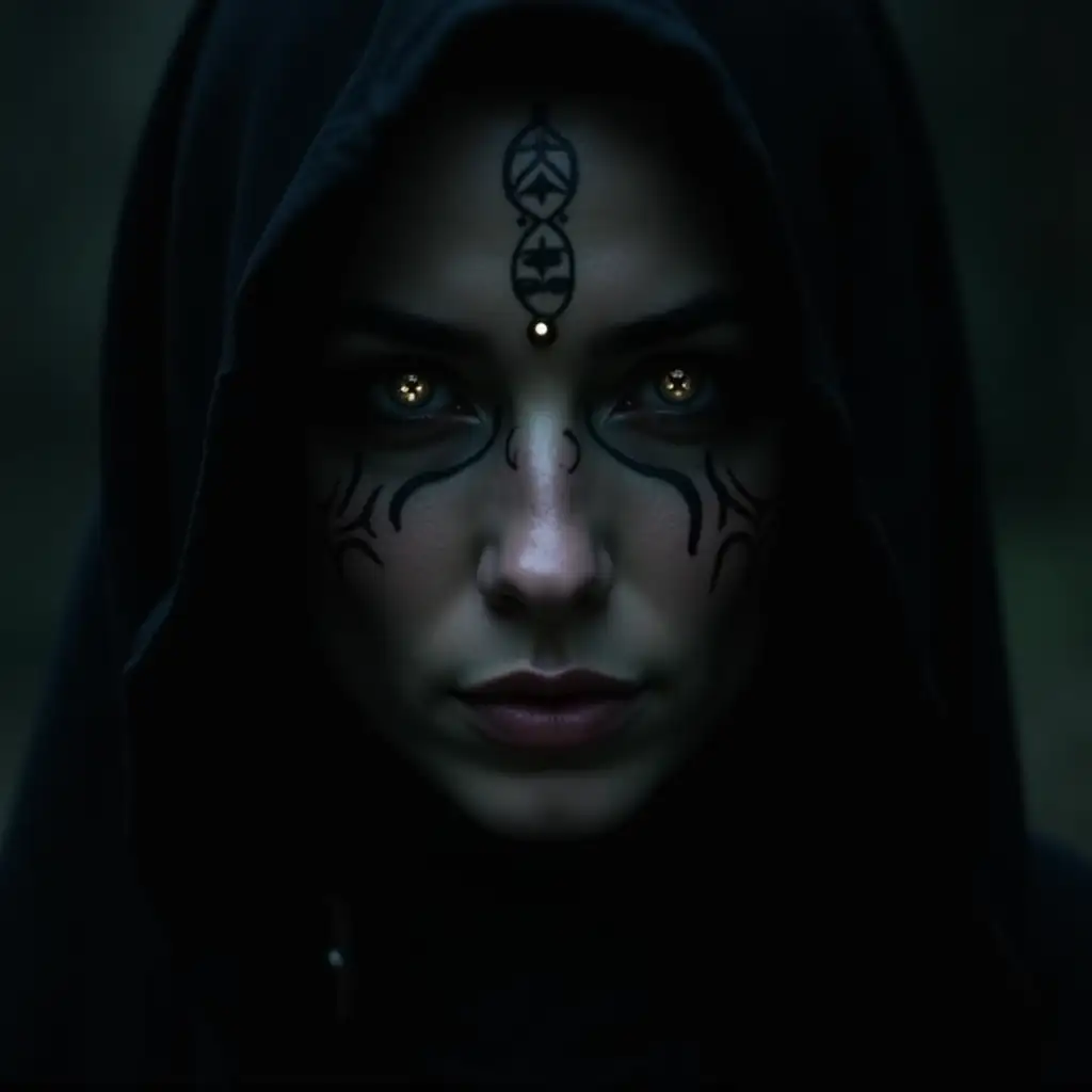 A close-up of a mystical woman’s face, with her eyes completely hidden by her hood. her eyes are hidden in darkness, just 3 glowing dots where eyes would be, hinting at an otherworldly power. Cannot see her eyes. Atmosphere is, haunting, and prophetic. The atmosphere is cinematic, shadowy, with subtle Celtic markings or ancient symbols reflected faintly in her skin. Magical realism, soft surrealism, high contrast lighting.