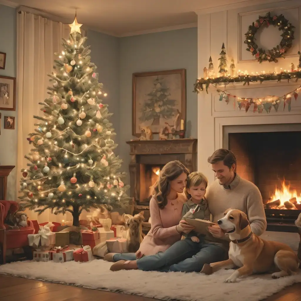 Vintage Christmas Tree with Family Celebrating in Soft Colors