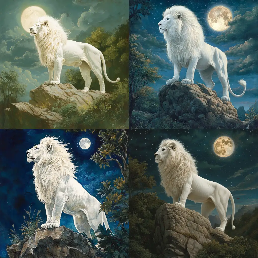 Majestic-Albino-Lion-Under-Moonlight-Overlooking-Lush-Kingdom
