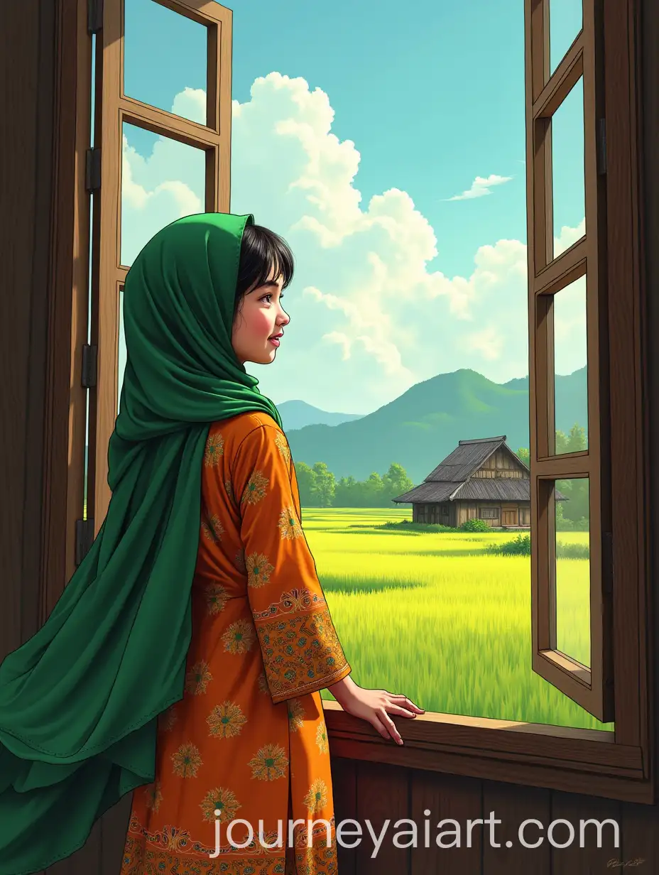 SurAI-Art-Prompt-Expansionreal-Illustration-of-a-Malay-Girl-in-Batik-Dress-Gazing-at-Paddy-Fields