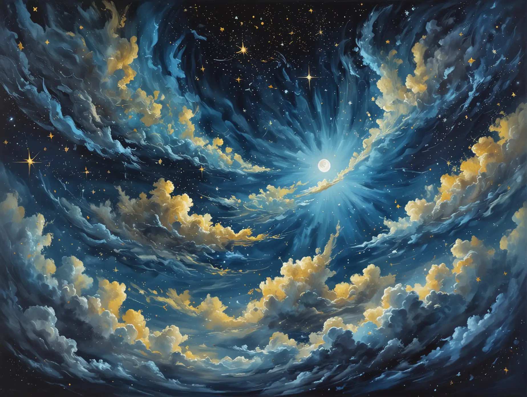 Create a museum-worthy painting of a bright, vivid night sky with a swirling, expressive style. The sky is a rich, deep blue with pure light blue clouds that curve and flow, creating a dreamlike, ethereal effect. The stars are a bright, vivid yellow and more rounded, standing out against the sky without blending with other colors. There is no sun or moon in the sky, allowing the stars to be the main focal point, scattered across the canvas in a way that adds energy and depth. The brushstrokes are bold and textured, capturing the beauty and motion of a clear, star-filled night.