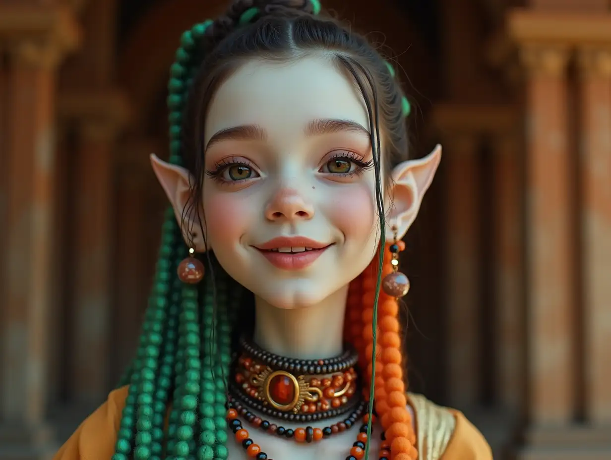 young black girl with white skin and alien face, with orange-green striped hair, with a slight smile on her face, accentuating her smile, modern retro jewelry, in a temple with rust and various shades of brown 4k