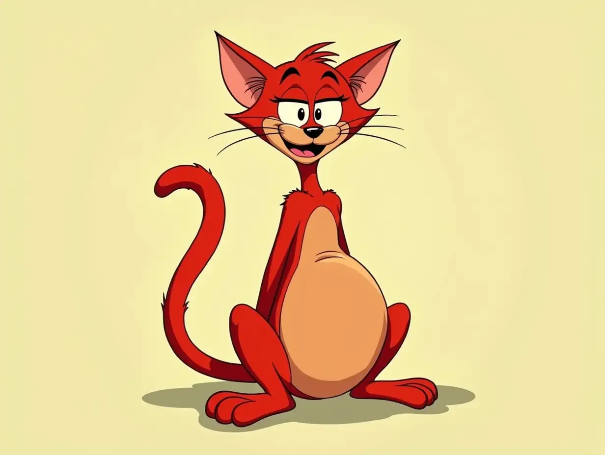 skinny red cat with a potbelly sitting, wrinkles above belly, Chuck Jones style