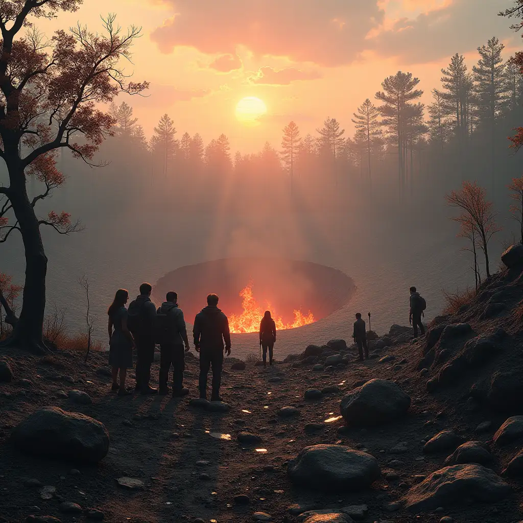 A group of people stands in the Paleogene era at the edge of the newly formed Chicxulub crater, created by the meteor impact that changed the course of Earth's history. The landscape around them is a mix of devastation and early recovery. At their feet lie blackened rocks, tectites, and debris scattered from the impact, with some areas still glowing from residual heat. The trees surrounding the crater are charred and lifeless, their trunks darkened by the explosion. However, small signs of life are starting to emerge: plants are struggling to break through the scorched ground, and primitive mammals are cautiously exploring the recovering terrain. The sky is filled with a hazy cloud of dust and ash, casting a reddish glow due to the suspended particles from the impact. The group, dressed as adventurers, watches in awe, witnessing the raw power of nature's destruction and rebirth