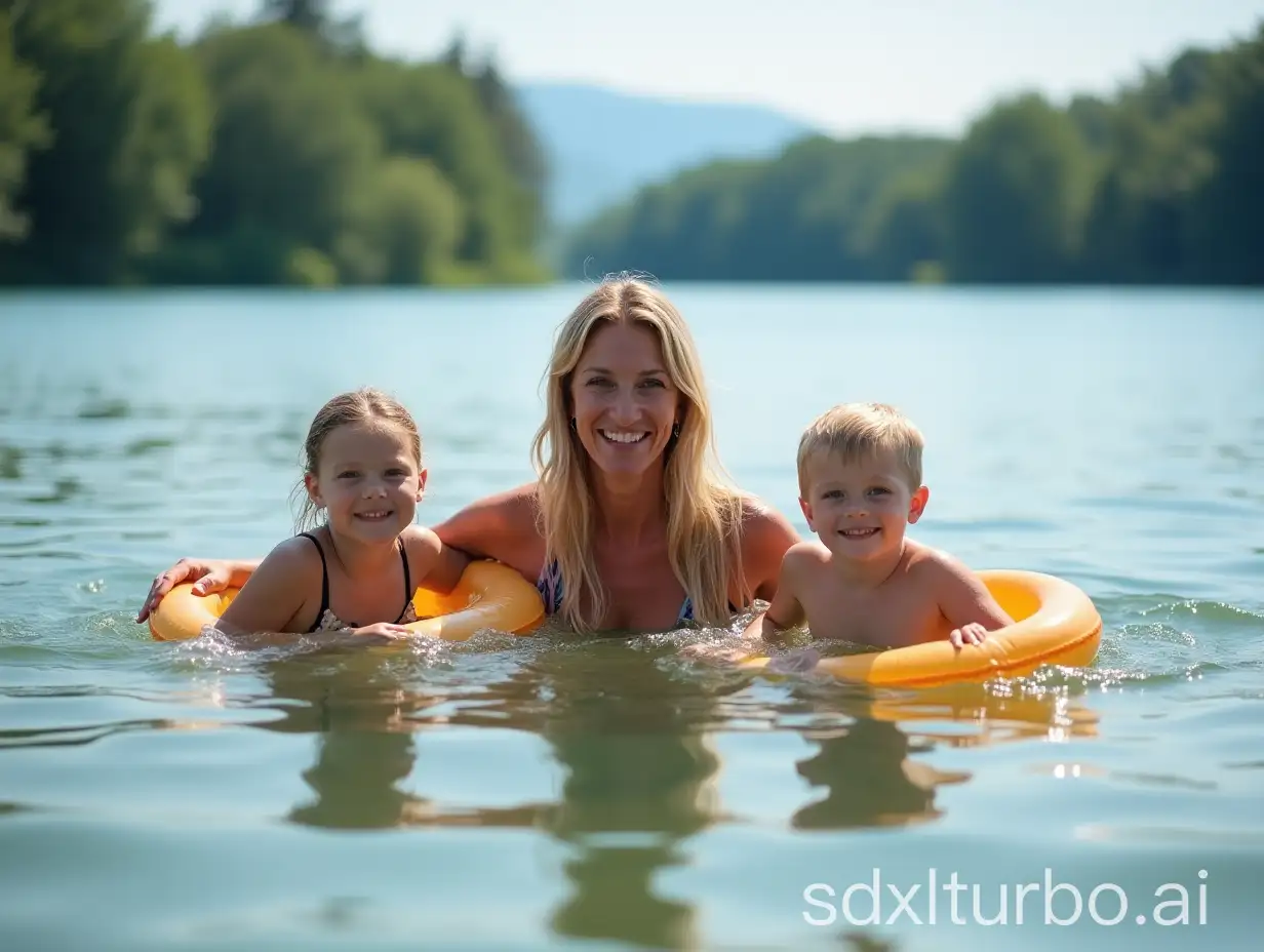 a blonde woman swims in a lake. Next to her swims a thirteen-year-old girl and an eleven year old boy two children. Both children have a swimming ring. It is the Wörthsee at Starnberg.