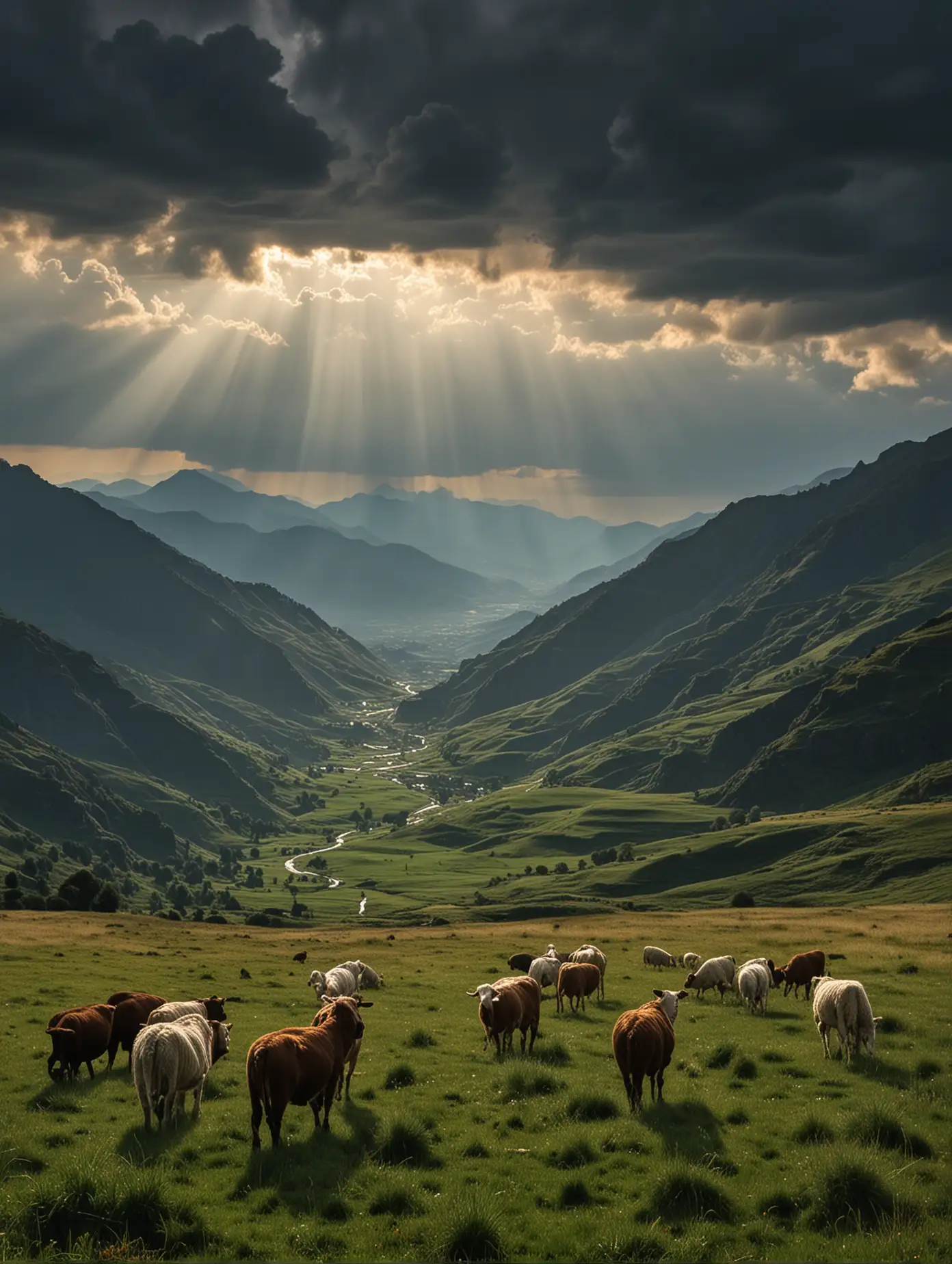 The mountains that stretch beyond give the impression of grandeur. Low and dark clouds rolled in, a dazzling light through the clouds, irradiating down, the sky is blue blue color, grassland boundless, cattle because the grass is too rich, cattle and sheep all hidden in a group, flickering, everywhere