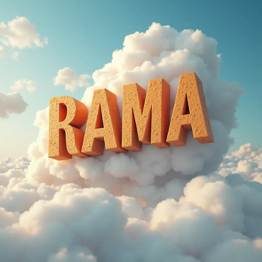 A large title 'mpx rama' floats in the air, cake texture, outlined by cloud, ultra realistic