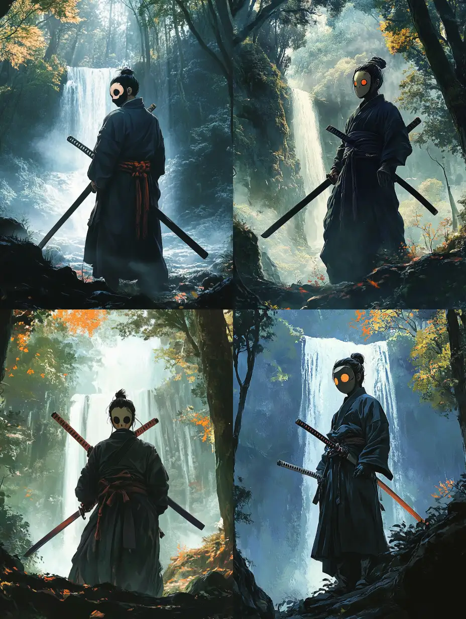 Character-with-Katana-in-Forest-with-Waterfall-Background