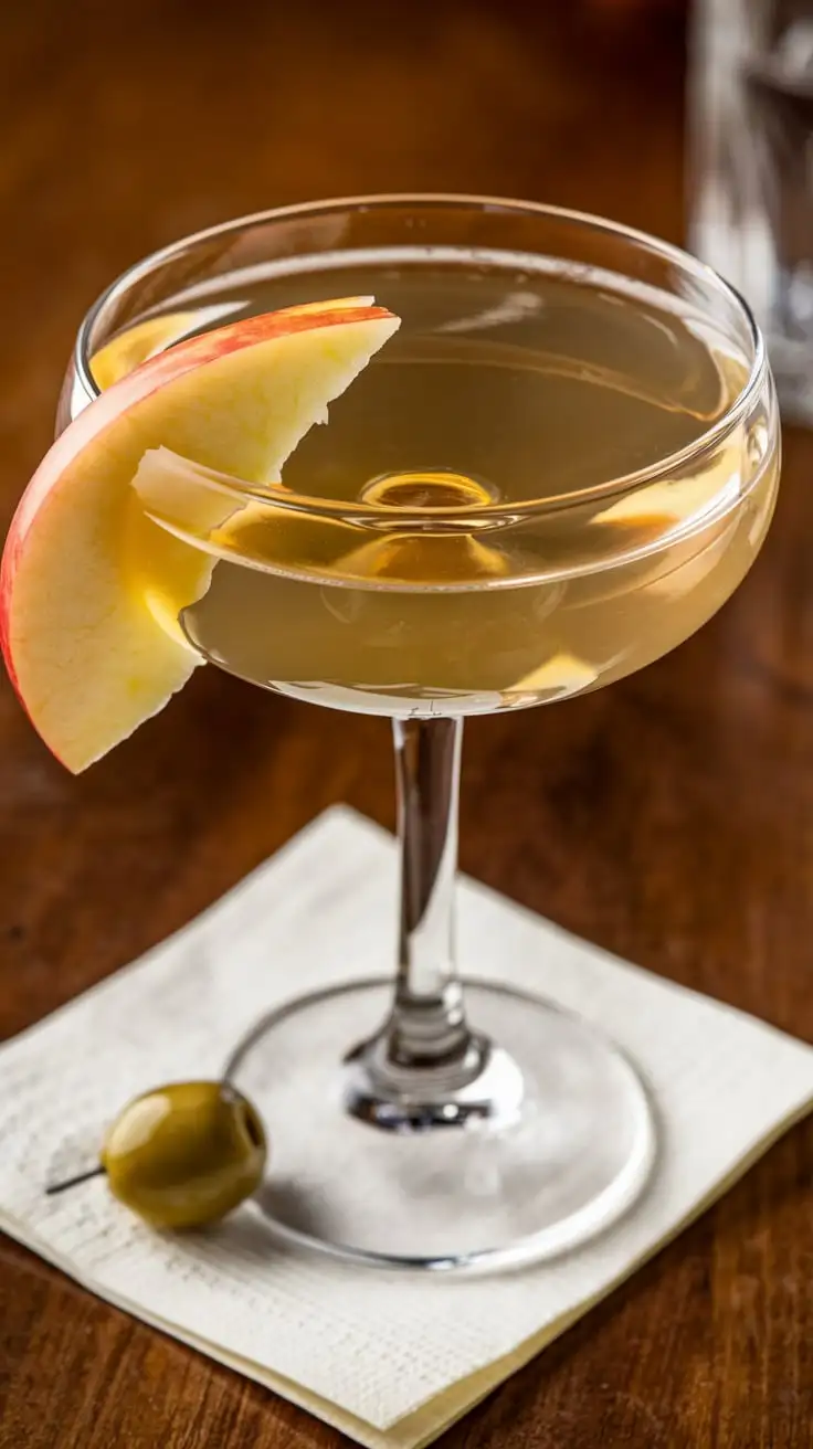 CloseUp of Apple Martini with Olive on Table Napkin