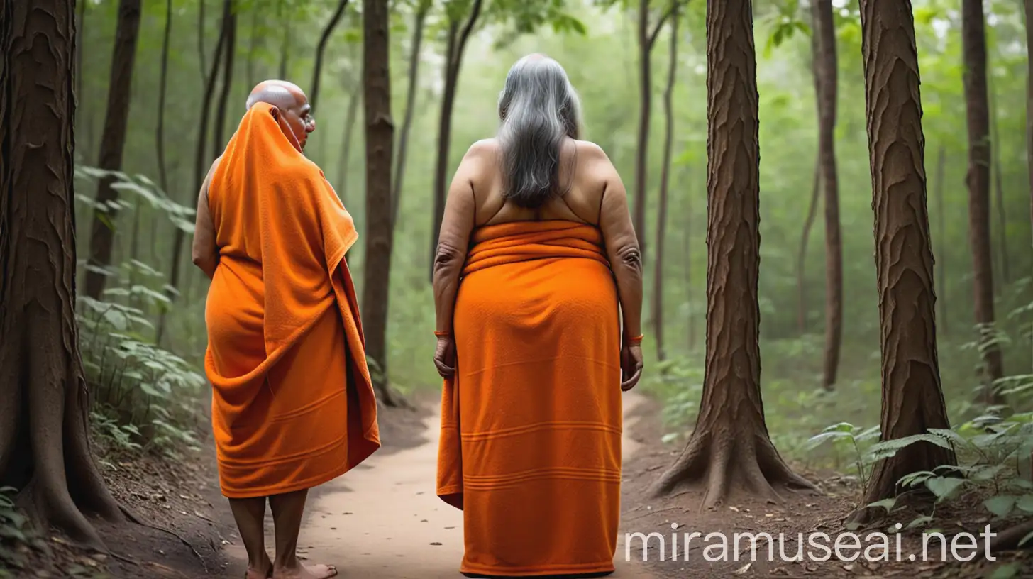 Elderly Indian Hindu Woman Monk in Forest with Orange Bath Towel