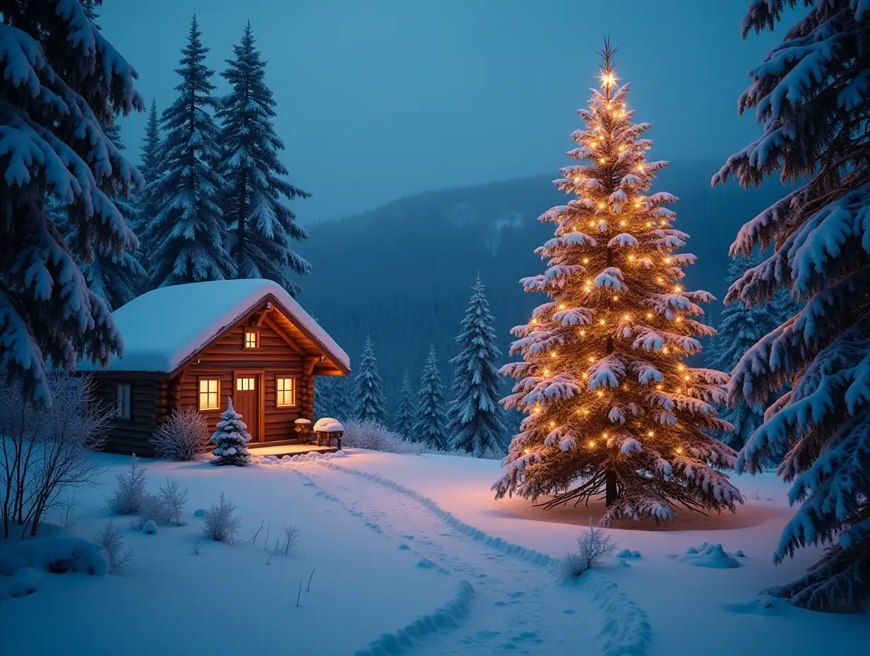 The visuals capture a serene winter wonderland, with a glowing Christmas tree and a cozy cabin, creating a tranquil festive atmosphere.