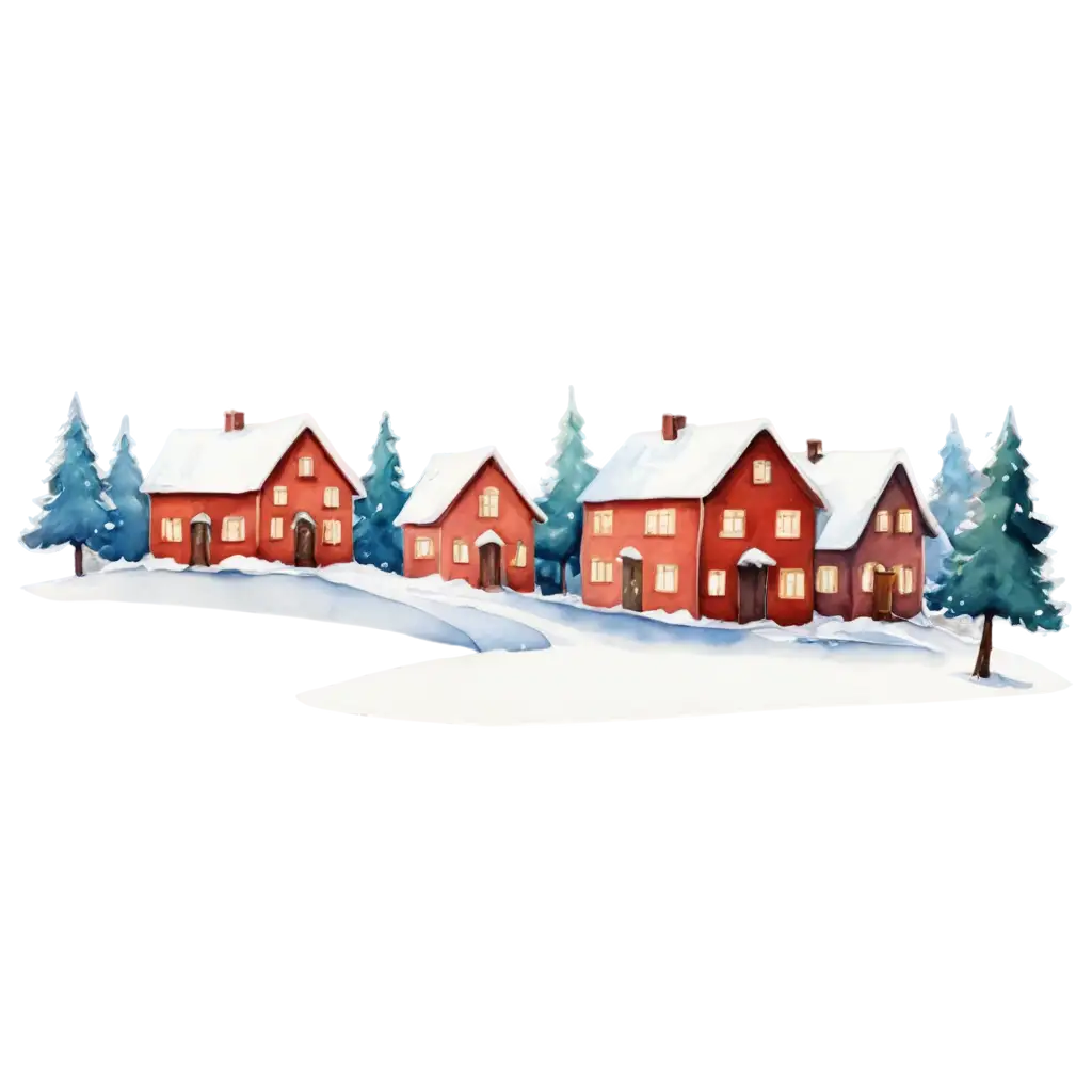 A simple hand-painted watercolor illustration of a Christmas village.