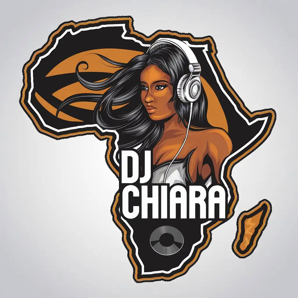 LOGO Design for DJ CHIARA Woman DJ with Long Black Hair and Headphones Emerging from Africa