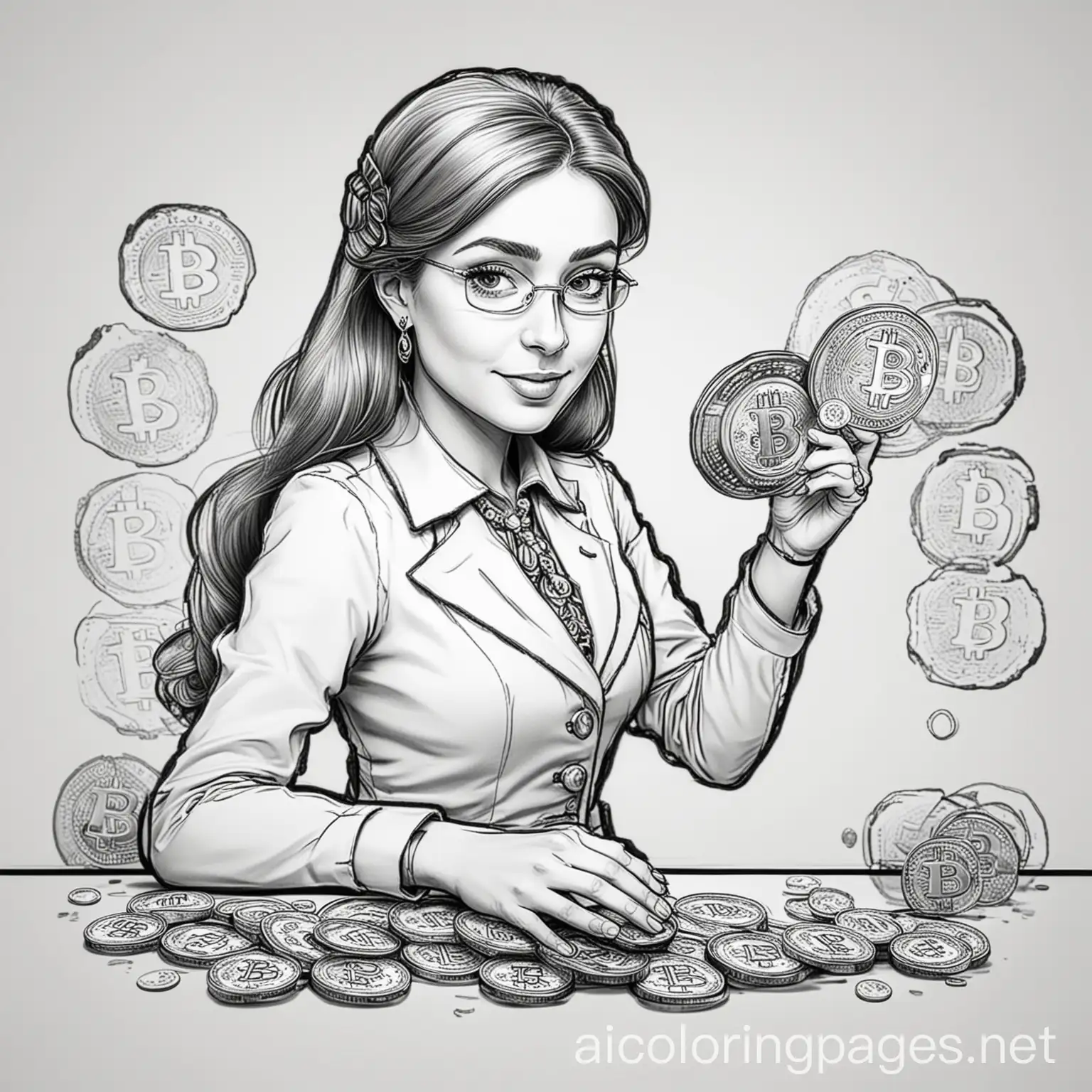 Banker-Lady-Playing-with-Bitcoins-Coloring-Page