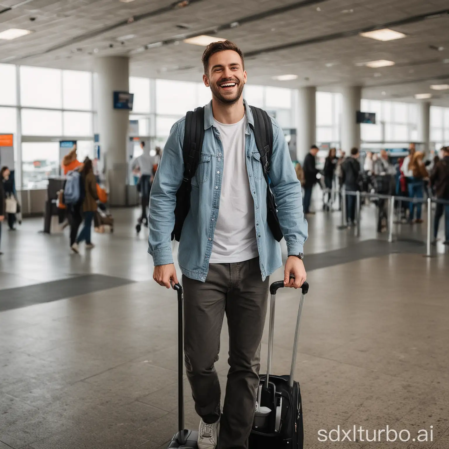 A happy man going to the airport