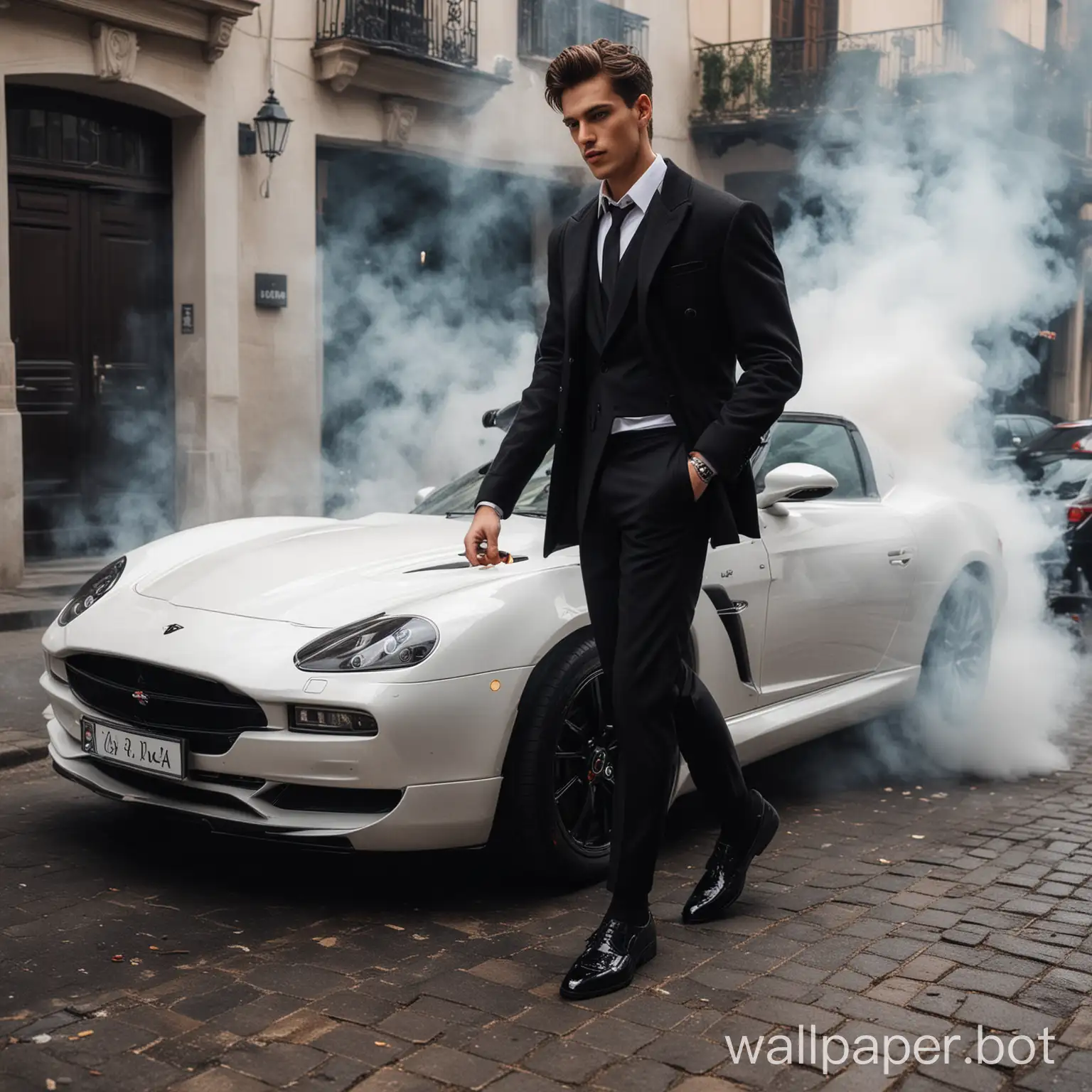 a young man outing froma luxury sportcar in smoke with a formal black coat and black pant and white shirt inside the coat
 shoes