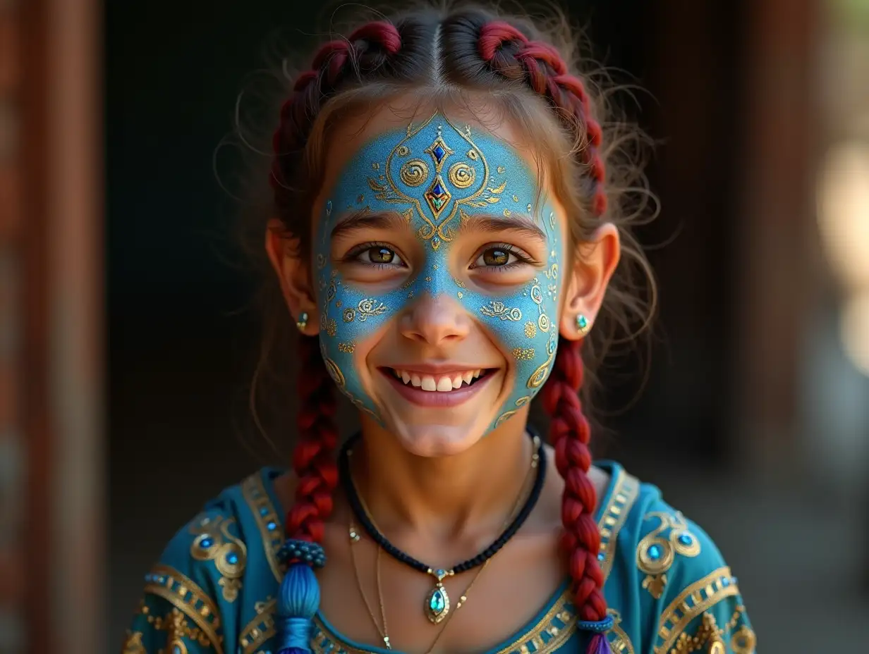 Young boy blue gold pattern fish with alien face,with red-blue braided hair, with a slight smile on his face,emphasizing her smile,jewelry,in a temple many diamonds various shades 4k