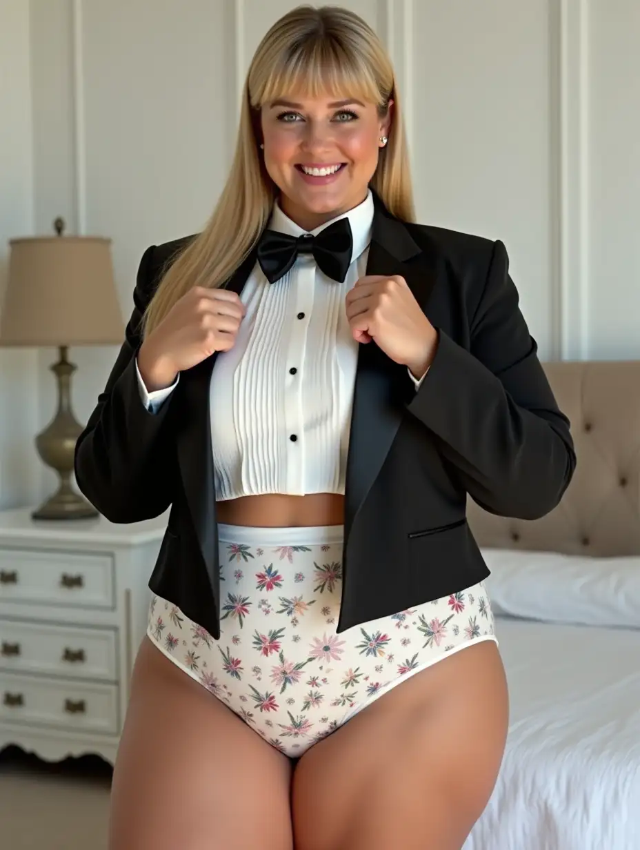 Plump-Caucasian-Woman-in-Formal-Orchestra-Tuxedo-Adjusting-Bow-Tie-in-White-Bedroom