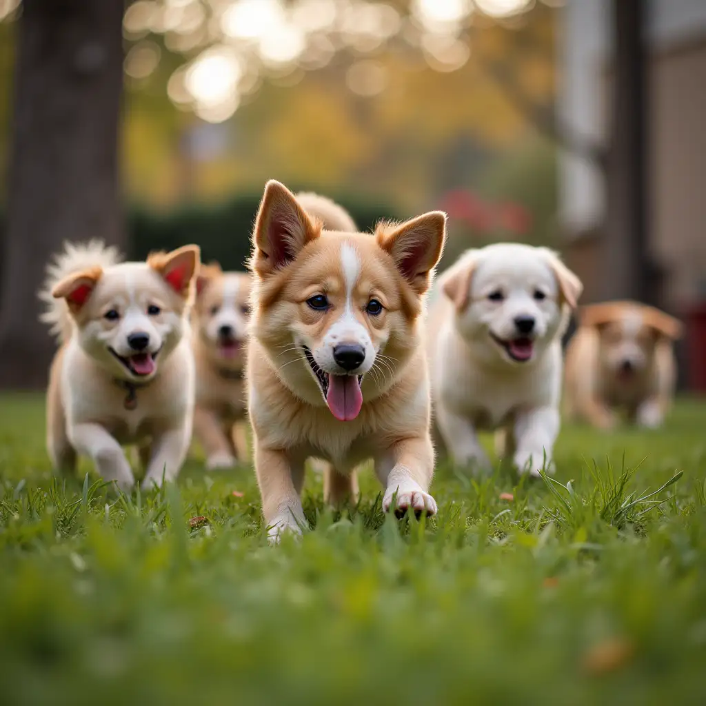 Child-Playing-with-a-Horde-of-Dogs-in-a-Backyard