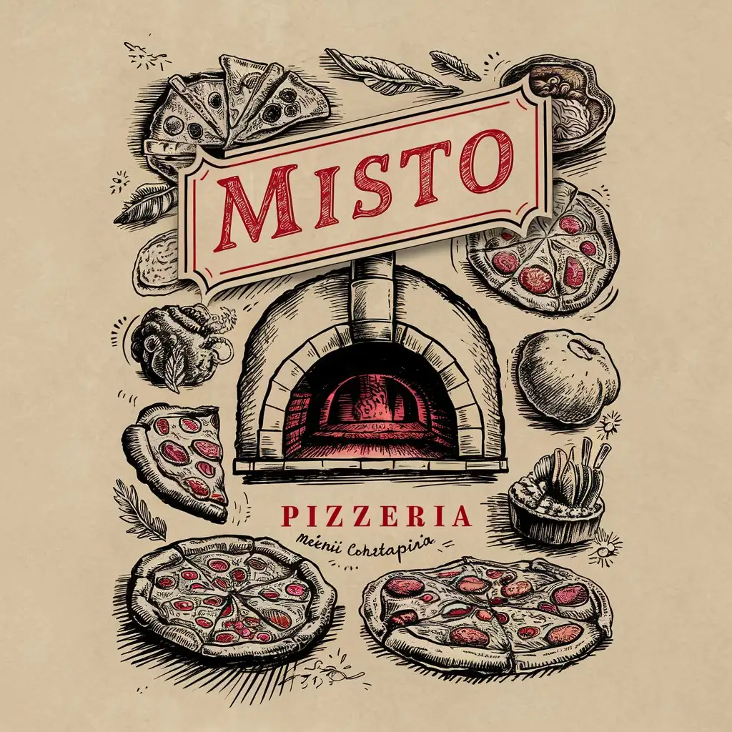 Sketched Vintage Pizzeria Menu Cover in Black and Red