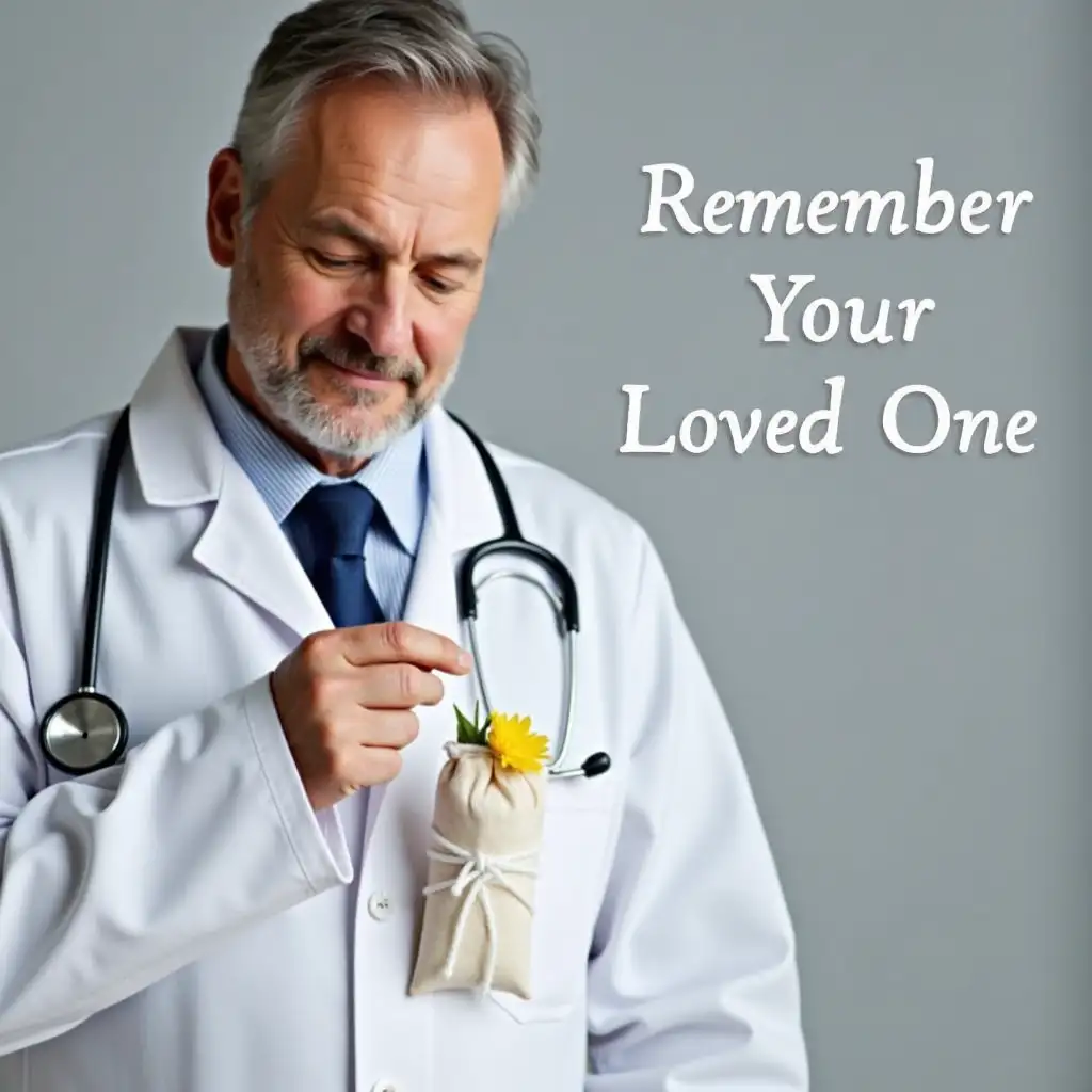 A man wearing a white doctor's coat and a stethoscope around his neck, with a solemn and respectful expression. His right hand is gently reaching into the pocket of his doctor's coat, pulling out a small sachet tied with white string. The sachet contains a small note and a yellow flower, symbols of remembrance. In the upper right - hand corner of the image, the text 'Remember Your Loved One' is prominently displayed in a clear, elegant font. The background is a soft, muted gray, enhancing the somber and commemorative atmosphere.