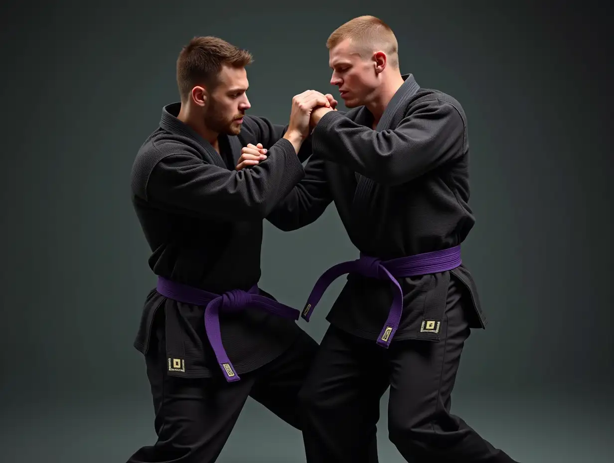 jiu-jitsu student with black kimono and purple belt, ultra realistic in fight movement with another fighter