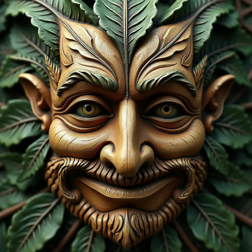 carved wooden mask - Celtic GreenMan - in symmetrical and beautiful leaves, clearly detailed and realistic, hyperrealism