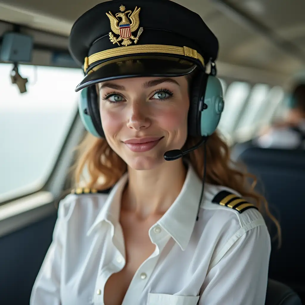 pilot girl in white unbuttoned shirt