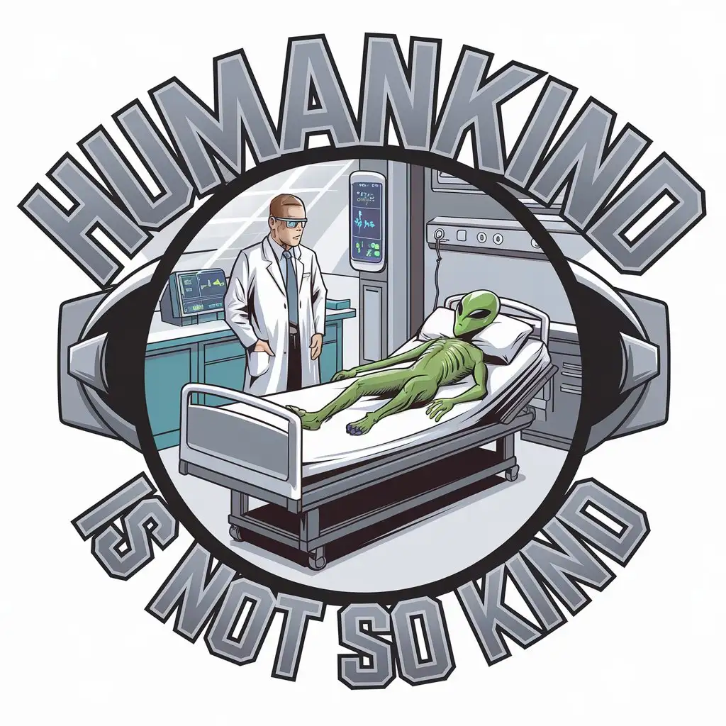 LOGO Design for Humankind is not so kind Scientist Green Alien Hospital Bed Lab Theme