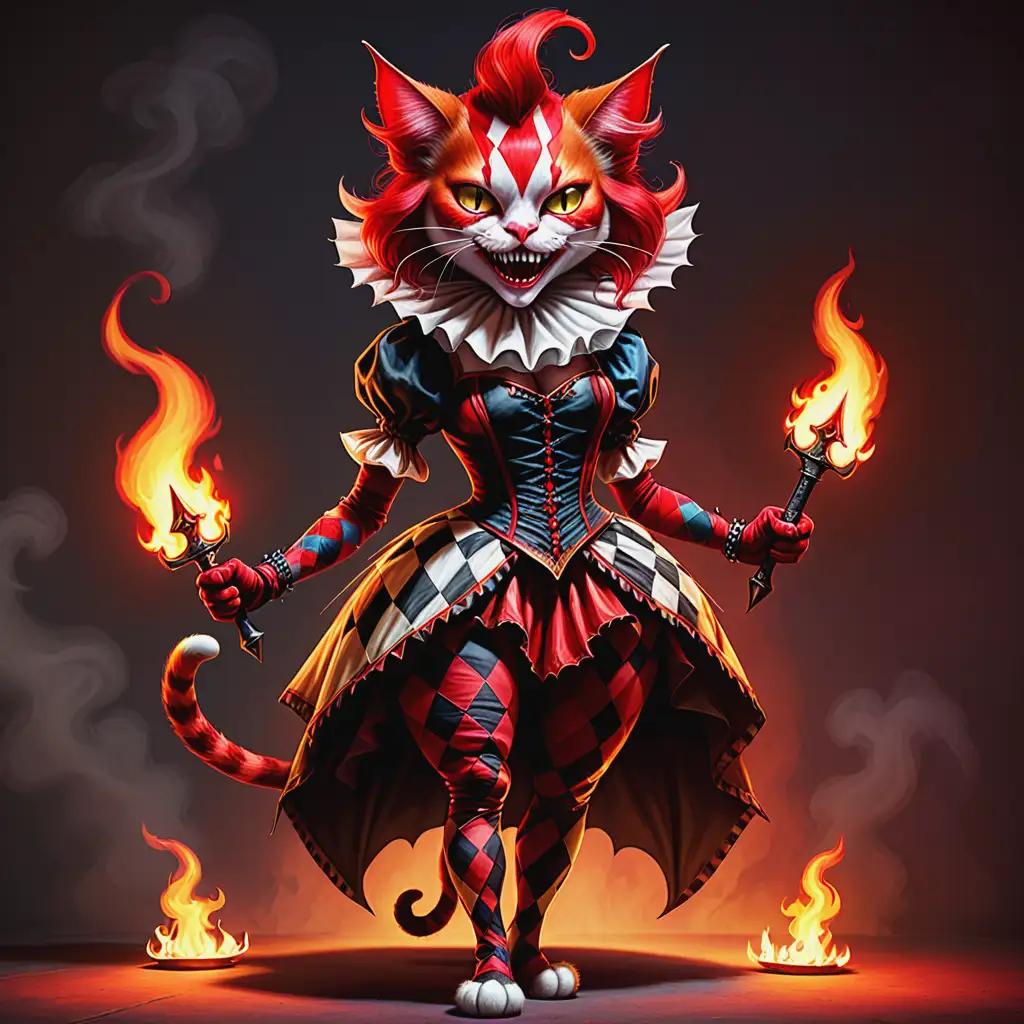 Mischievous Red SheDemon CatHarlequin Juggling Fire Daggers in Medieval Outfit