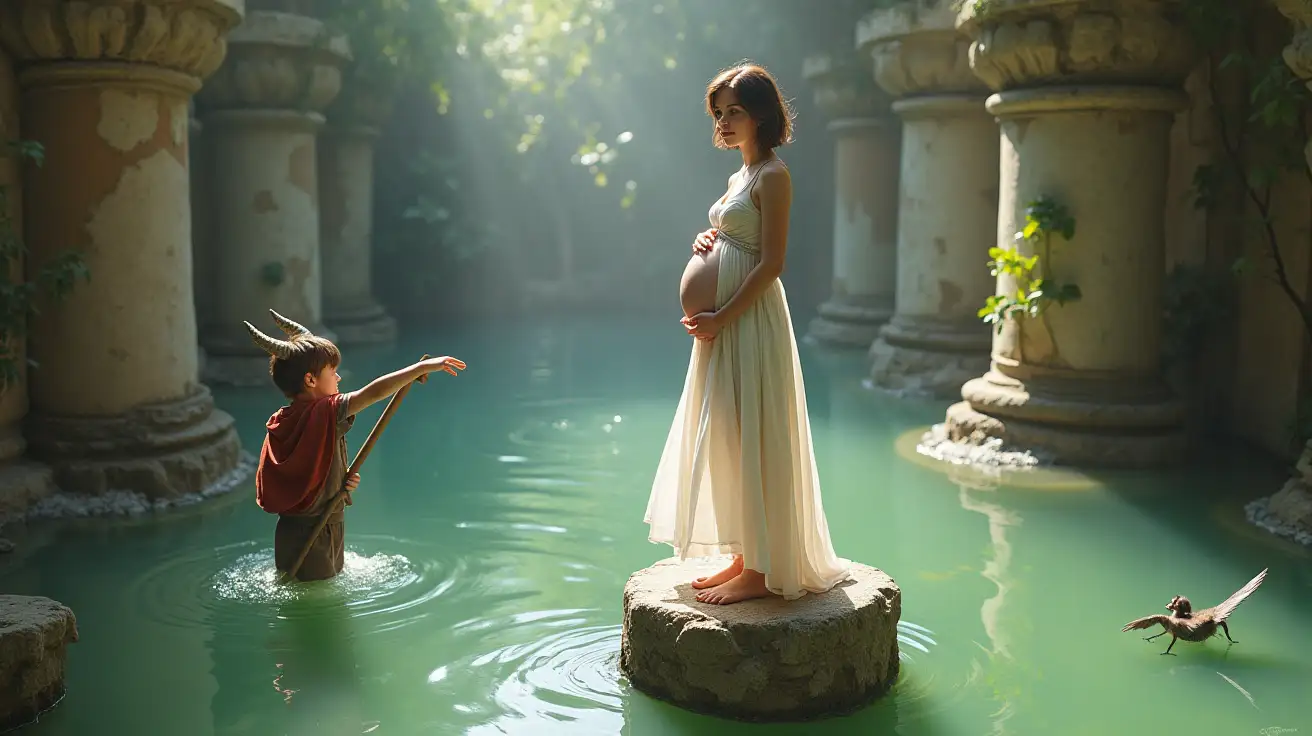 a teen girl with short brown hair and a flowing white dress, with silver accents. (she is pregnant). she is in a sun-drenched flooded-casual-ruin, standing on a narrow circular stone pillar, surrounded by water, overly-bright, and overgrown. a small young boy with two horns on his head, holding short stave  and a red and brown tunic, beckoning her from afar.