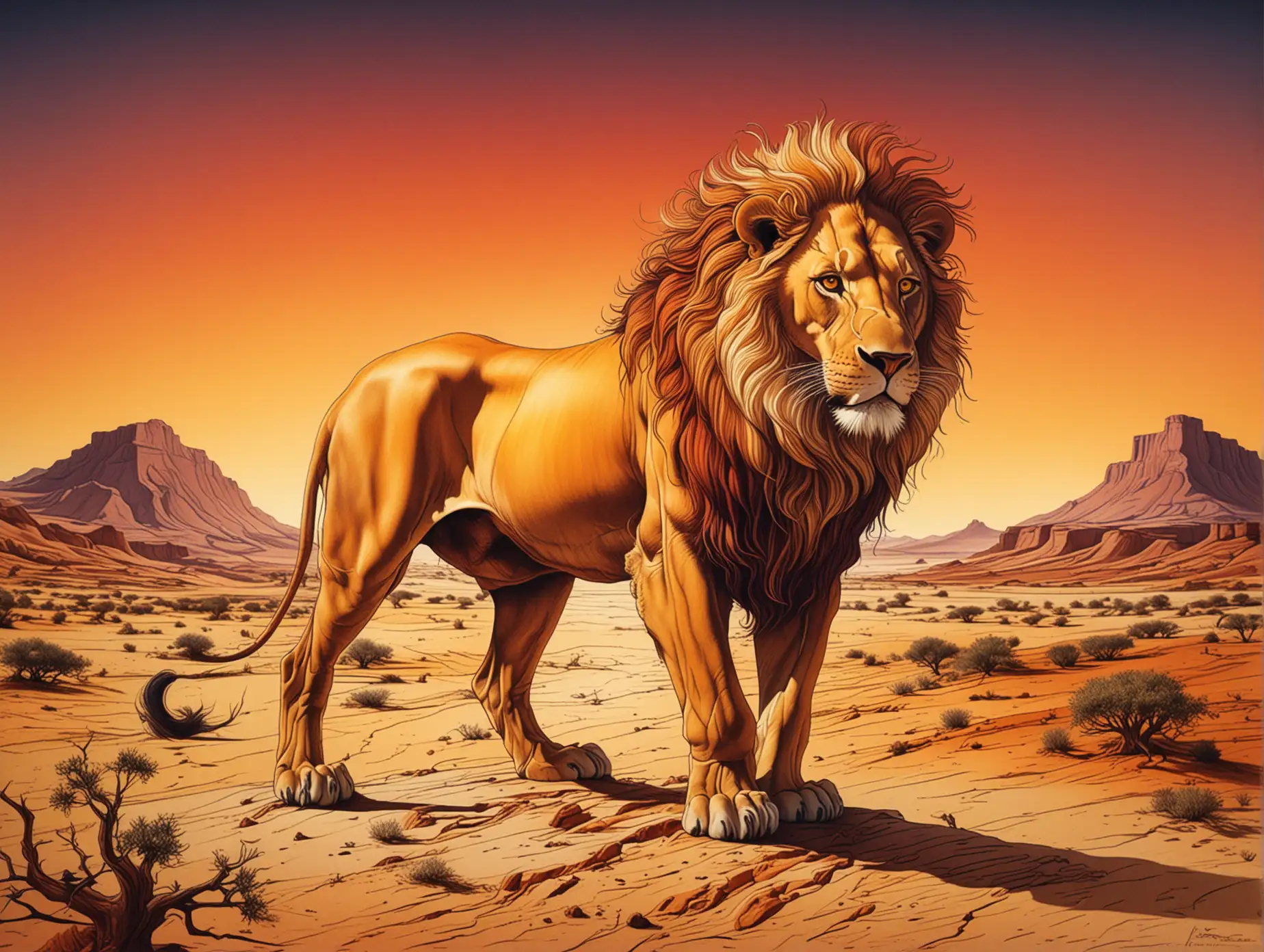 Surreal African Sahara Lion in Dali Style with Rich Color Gradients