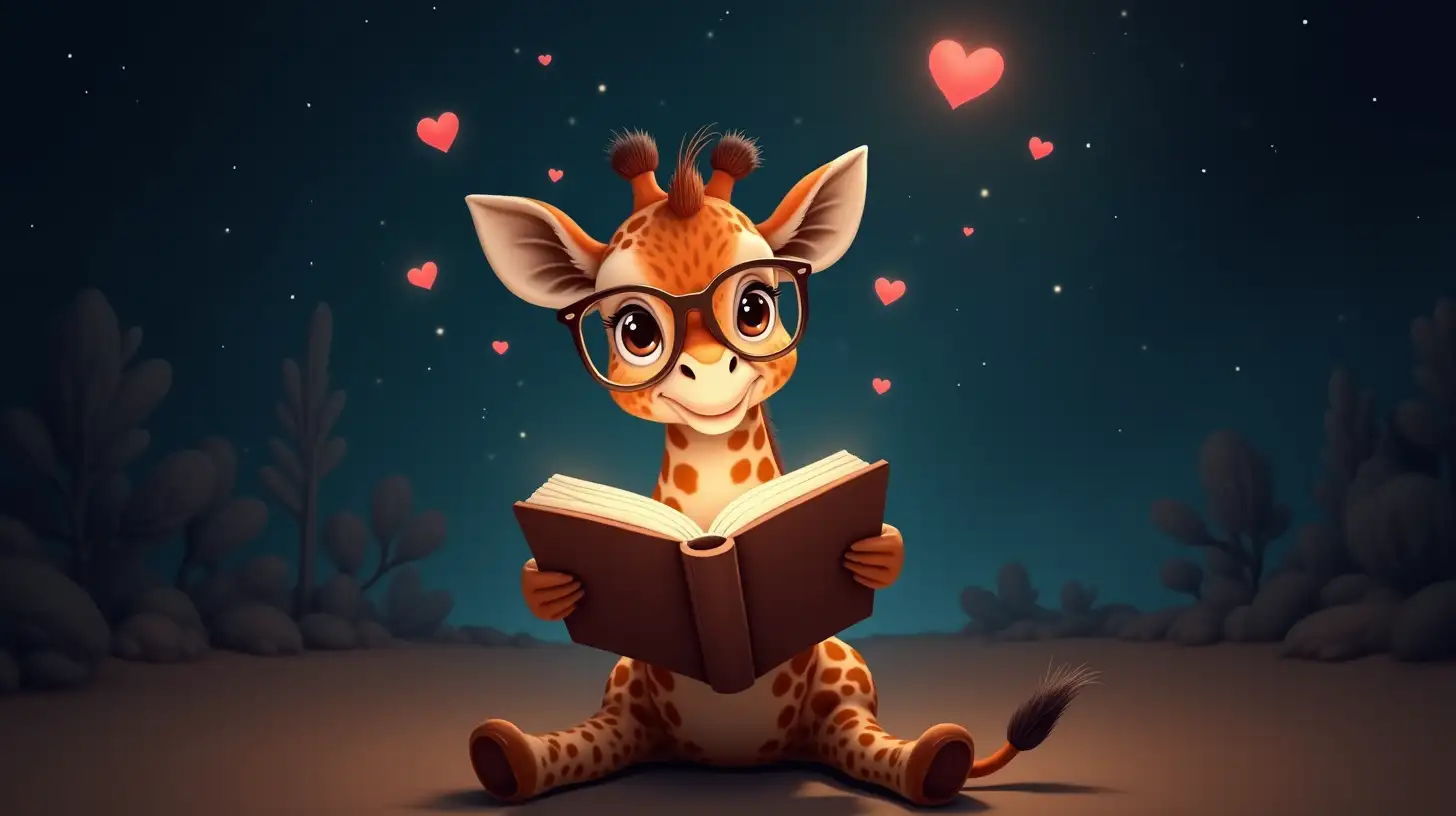 Baby Giraffe Wearing Glasses Reading a Book Among Floating Hearts in Space