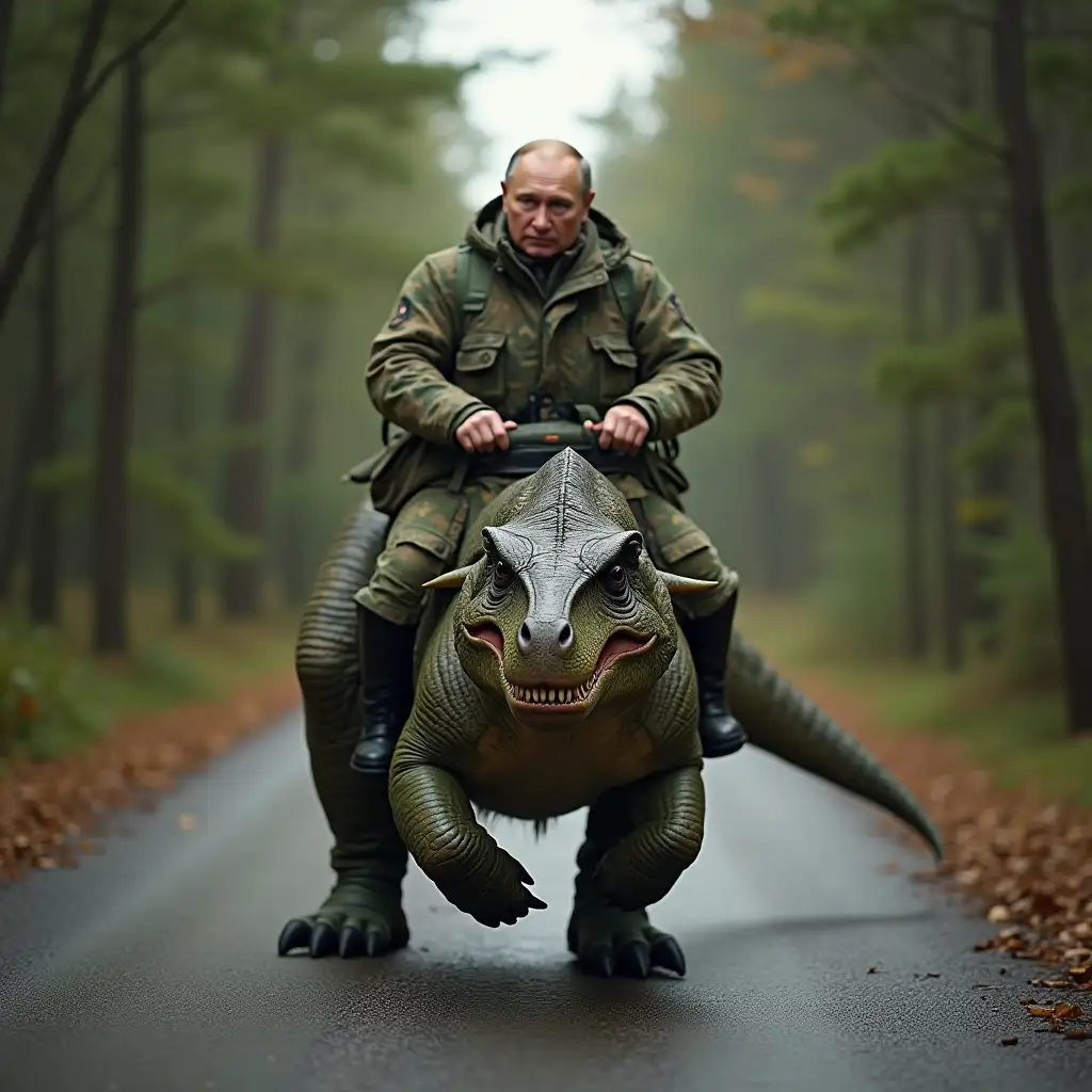 Dinosaur-Riding-Putin-in-Camouflage-on-a-Forest-Road