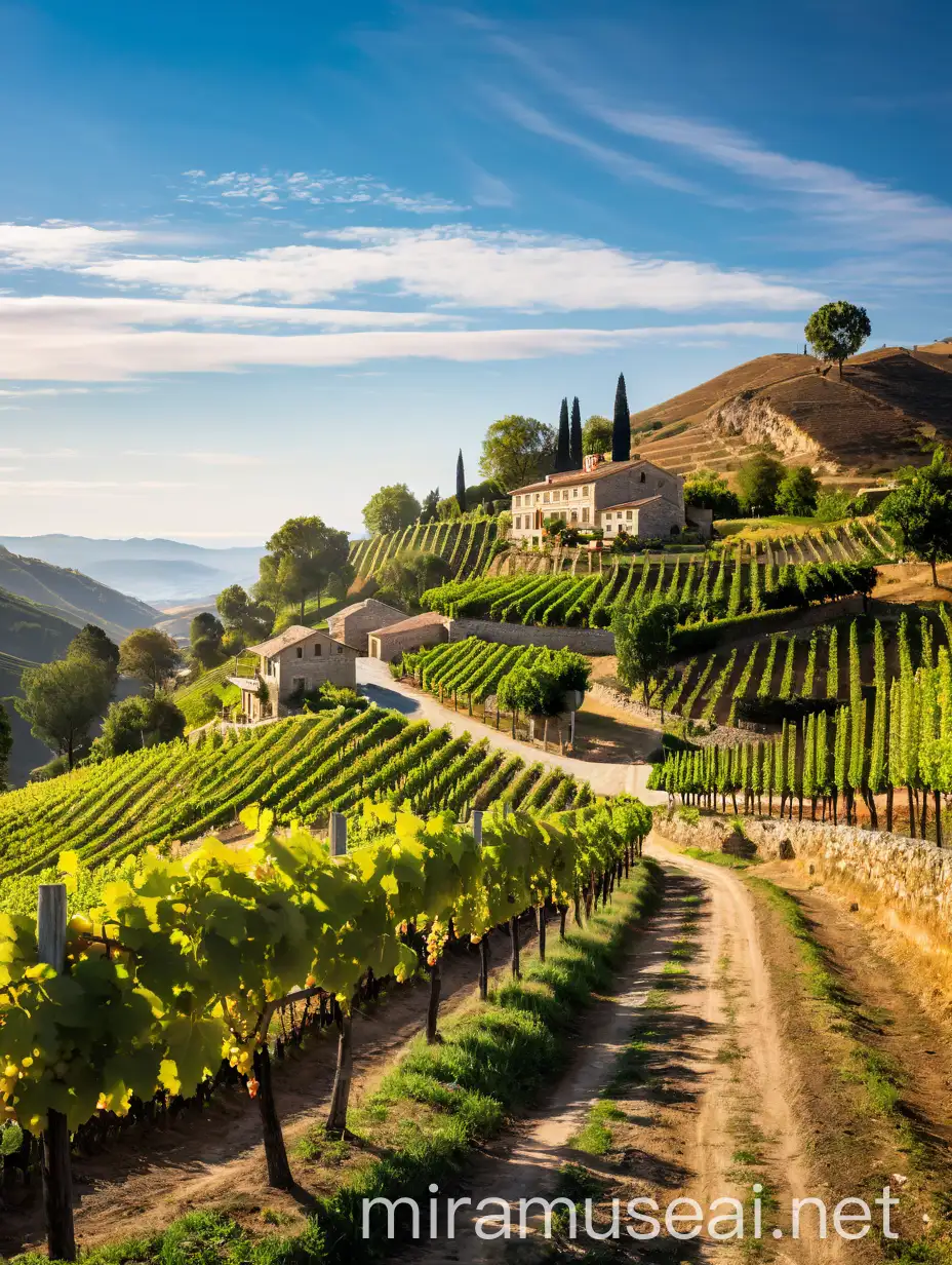 Serene Vineyard Landscape with Terraced Grapevines and Rustic Buildings
