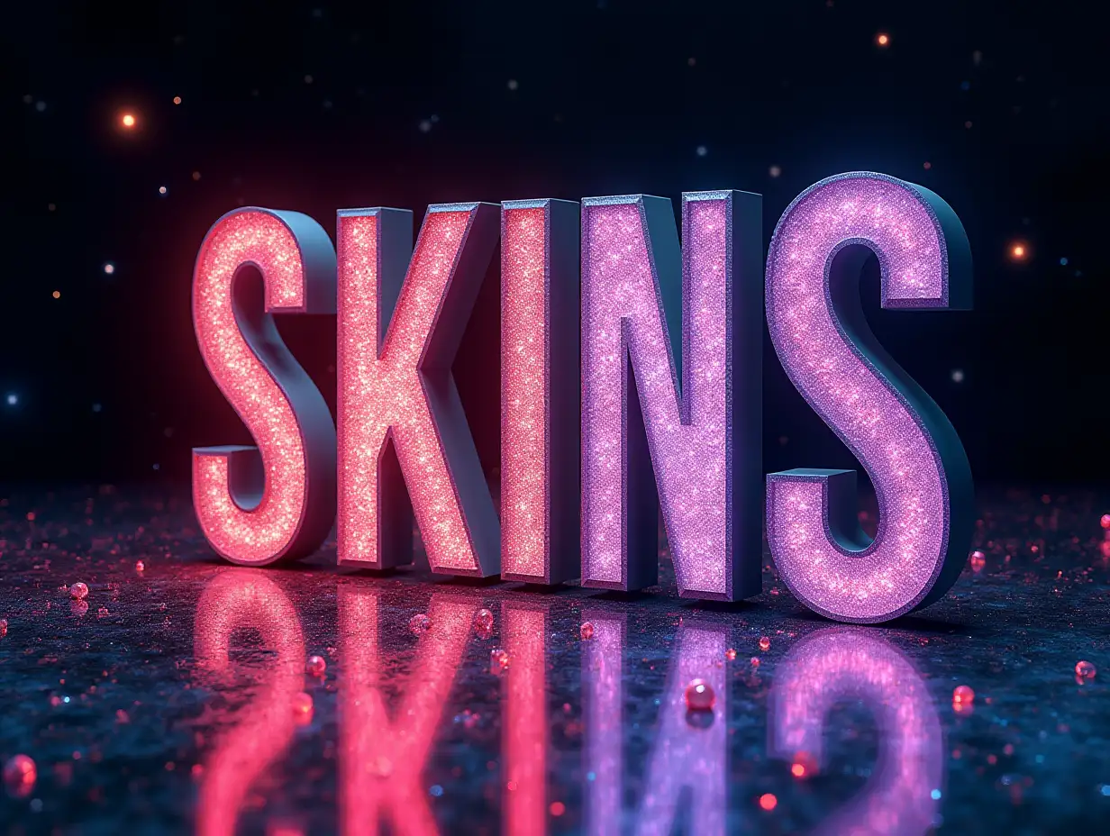 Art-object of large volumetric letters 'SKINS WAX', standing on a mirror surface. Letters are decorated with sequins, sparkle and emit neon light . The mirror surface is cosmic depth with stars, comets, Milky Way, glow, flares of fire, reflects letters and light that they emit. High detail