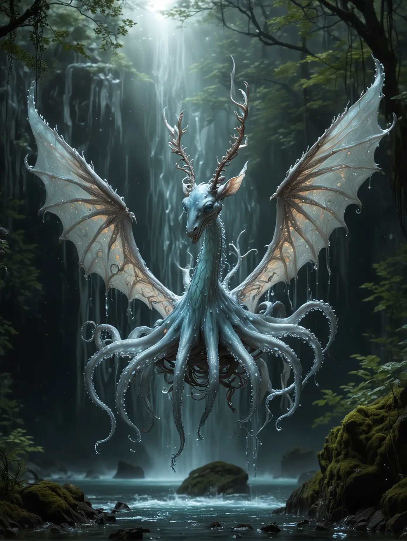 A mythical and elegant creature with the slender body of a deer, the scaled wings of a dragon, and octopus tentacles extending from its back. Its fur is soft and silver, with shimmering scales running down its legs and spine. Its wings are enormous, leathery, and tipped with glowing veins. From its shoulders emerge eight glowing, translucent tentacles, each tipped with suction cups that glow faintly blue. Its antlers are jagged and fiery, resembling molten metal. Background waterfall and forest