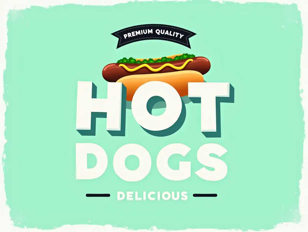 A light teal background with a distressed, worn edge effect. At the top, include a small black banner with 'PREMIUM QUALITY' in white text. In the center, feature a classic hot dog in a bun, with a brown sausage topped with yellow mustard and green relish. Below the hot dog, add bold white text with a black outline that reads 'HOT DOGS' in a slightly arched style. At the bottom, include smaller white text with a black outline saying 'DELICIOUS,' flanked by two small black lines on each side. Use a bold, sans-serif font and maintain a playful, classic diner aesthetic with realistic food colors.
