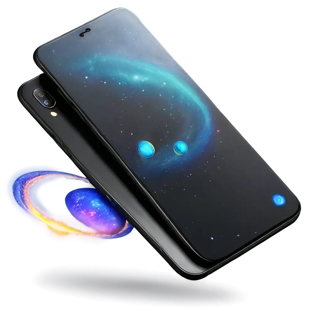 HighQuality-PNG-Image-of-a-Modern-Black-Phone-with-SpaceThemed-Wallpaper-Featuring-Galaxies-Stars-and-Planets