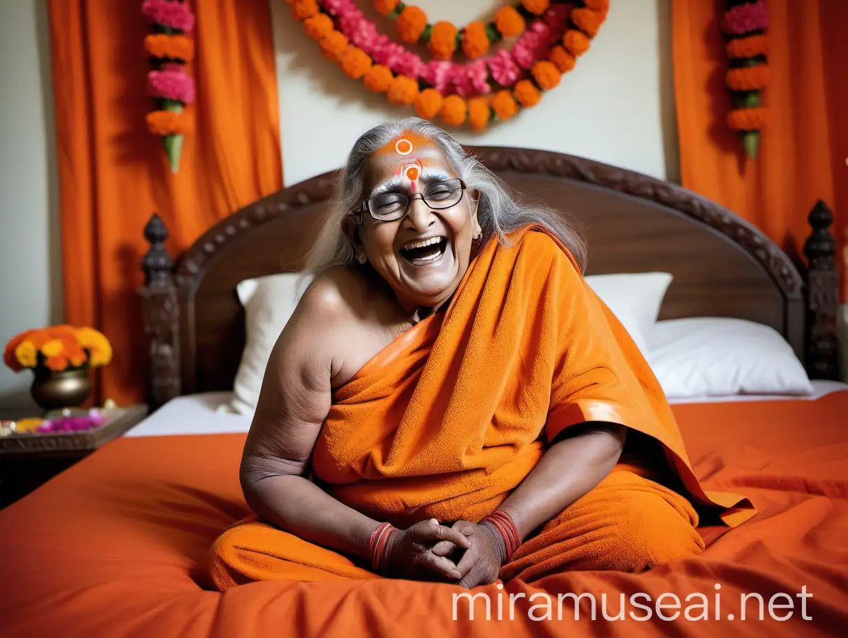 Happy Hindu Woman Monk 75 in Quadruped Pose with Gifts and Flowers