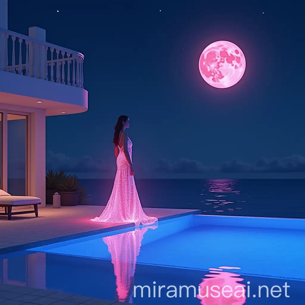 Stunning Woman Beside Swimming Pool in California Villa with Digital Light Dress and Pink Moon