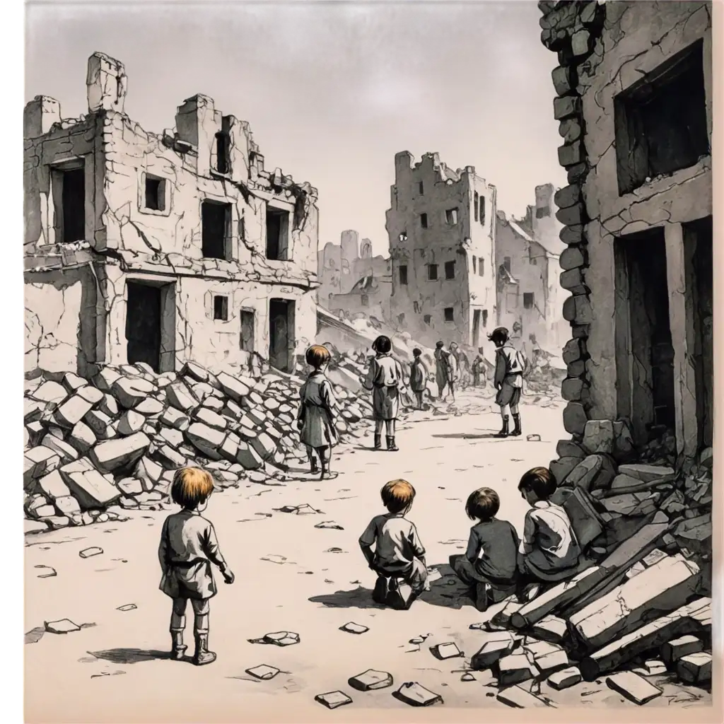 Sad-Children-Amid-War-Ruins-HighQuality-PNG-Sketch-for-Emotional-Impact