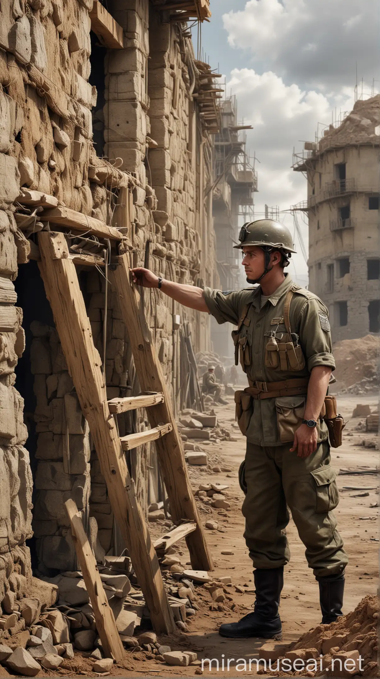 Depict Lee working as a military engineer, designing fortifications or inspecting a construction site. hyper realistic
