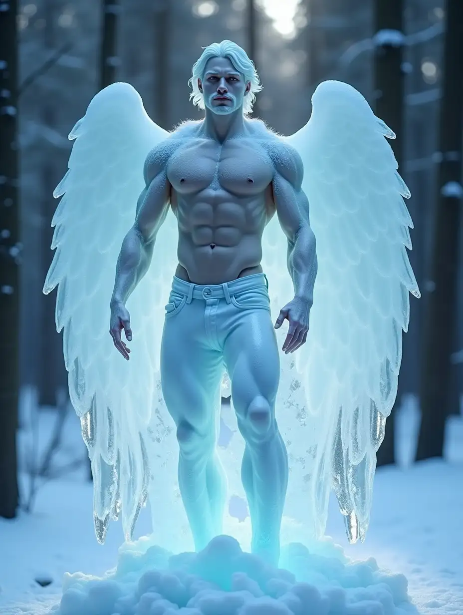 An ice statue of a handsome athletic male angel, 30 year-old, with bulging abs and pectorals, with outstretched big ice wings, bare chested with a ice cape over his shoulders, in a snowy fir forest, with unreal lighting. he scene is designed with stunning details like a realistic high-precision, high-definition, highly detailed photography.