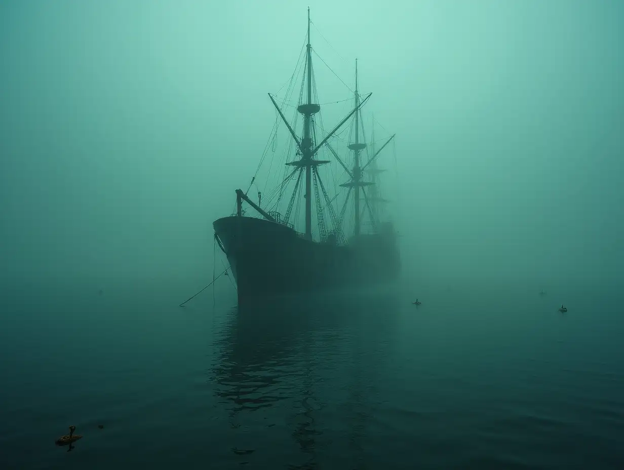 Ghost ship in a sea of sargassos, very realistic, great photographic quality.
