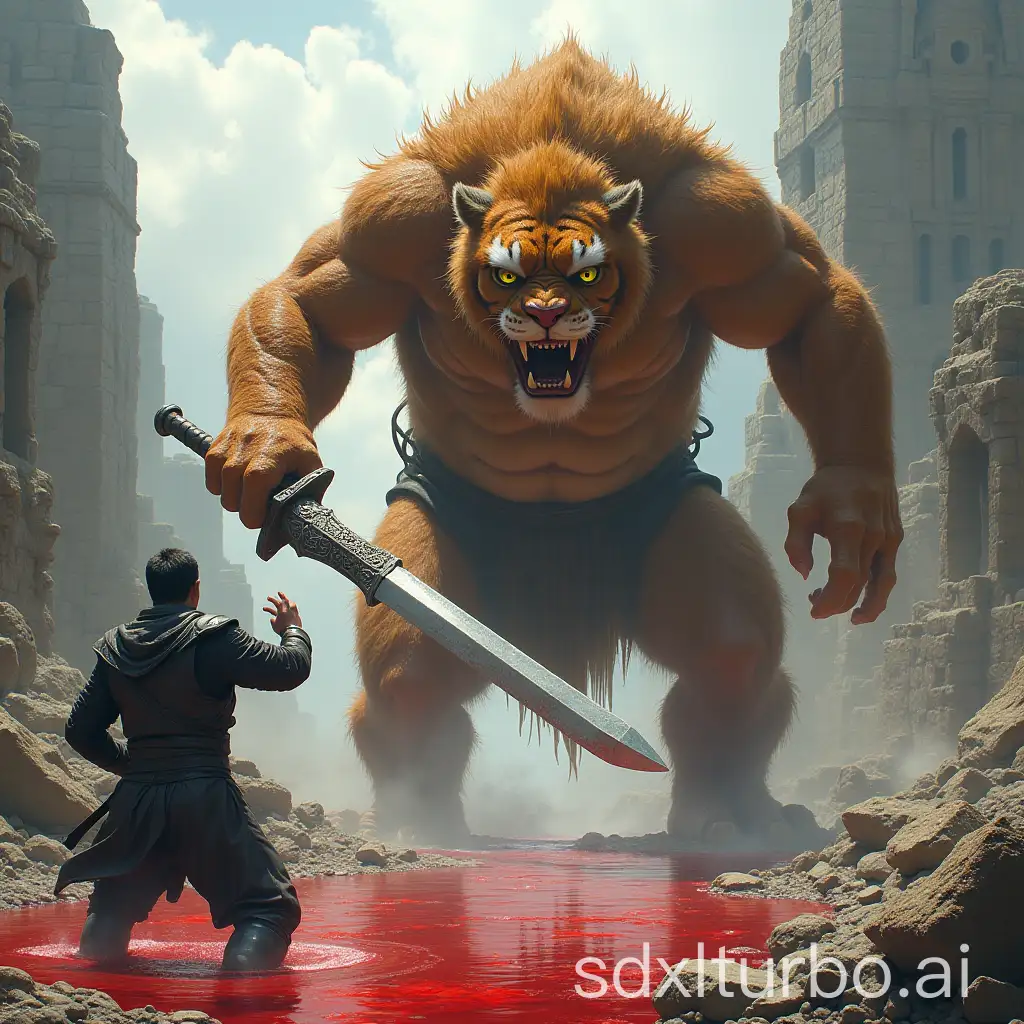 Apocalyptic-Battle-Tiger-Monster-and-Warrior-in-Ruined-Temple