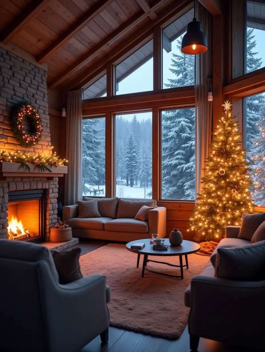 Cozy-Christmas-Living-Room-with-Fireplace-and-Snowy-Landscape-View