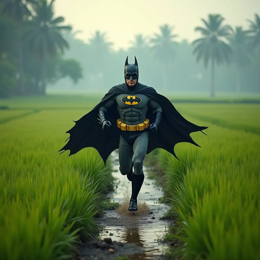 Batman running through paddy fields in a kerala village