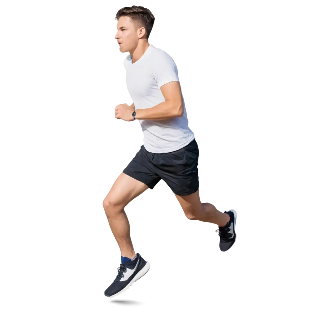 a young athletic man in light shorts and a t-shirt runs, side view